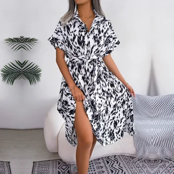  2023 Ново Дамско Лятото Ежедневното Свободно леопардовое рокля-риза с дантела за дами, модни универсални шикозни рокли