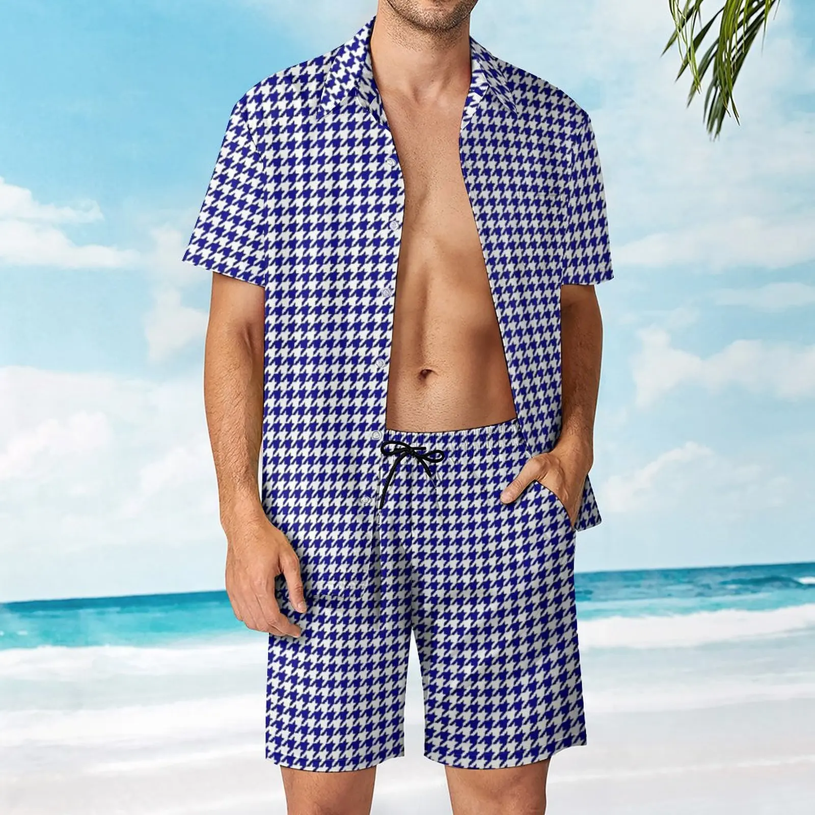 Голям Мъжки плажен костюм в синята и бялата клетка с голям Австралийски флаг, костюм от 2 теми, висококачествен графичен костюм за почивка, Размерът на САЩ