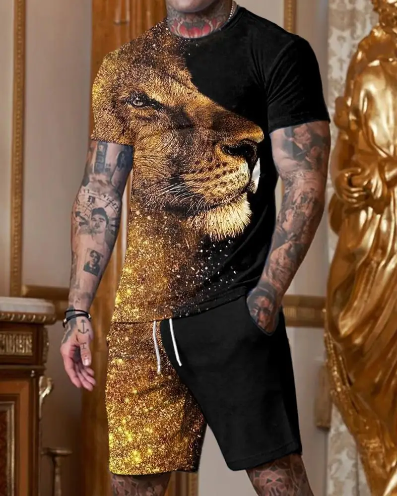 Комплект мъжки спортни костюми, тениски с 3D принтом на животното Лъв, Панталони с къс ръкав, Костюм от 2 теми, Ежедневни облекла, Модни дрехи за мъже