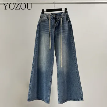 [YOZOU] Реколта Широки Дънки за майките с завязками, Дамски дънки Y2k, Дънкови панталони с висока талия, широки панталони, Градинска облекло, Панталони
