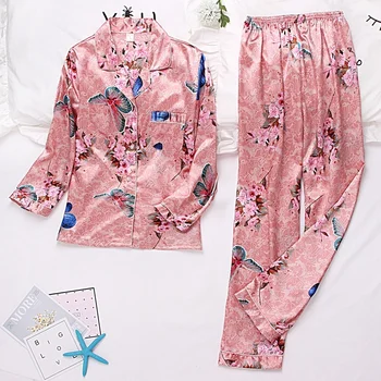 В есенно-зимната пижама с отложным яка, Пижами, Панталони с дълги ръкави, костюм от две части, Женски пижамный комплект с принтом, Сатен, коприна
