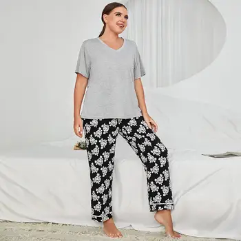 Дамски пижами американски и Европейски размер плюс топ с къс ръкав, Панталони, Лятна луксозни и удобни домашни дрехи