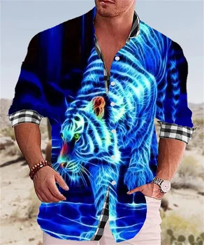 Модерна луксозна мъжка риза с ревери и копчета палто с дълъг ръкав и животински принтом тигър, както по размер, така улично празнична рокля S-6XL, лято