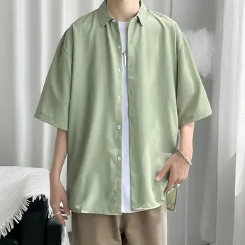 Риза с къс ръкав, стилна мъжка лятна риза свободно намаляване на мека дишаща градинска дрехи с отложным яка за хладен комфорт