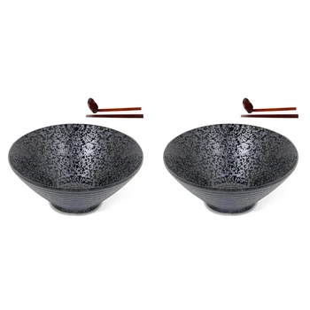 2 Керамични Купички за супа на японски Ramen с Подходяща Лъжица и Пръчици за хранене, подходящи за Удона, Соба, Голям размер