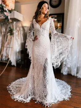 2023 Сватбени рокли Принцеса в стил Бохо, Апликации, Дантелено Плажна рокля на Булката с отворен гръб, Отделяющиеся ръкав на Сватбена рокля Голям размер