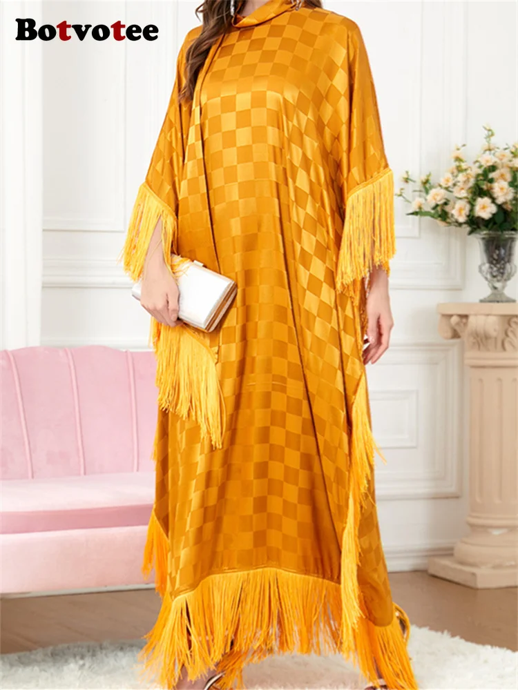 Мюсюлманската рокля Botvotee с пискюли за жени 2023, Ново Модно Ежедневна рокля с ворсистым яка и дълъг ръкав, рокля в клетка с ръкав 