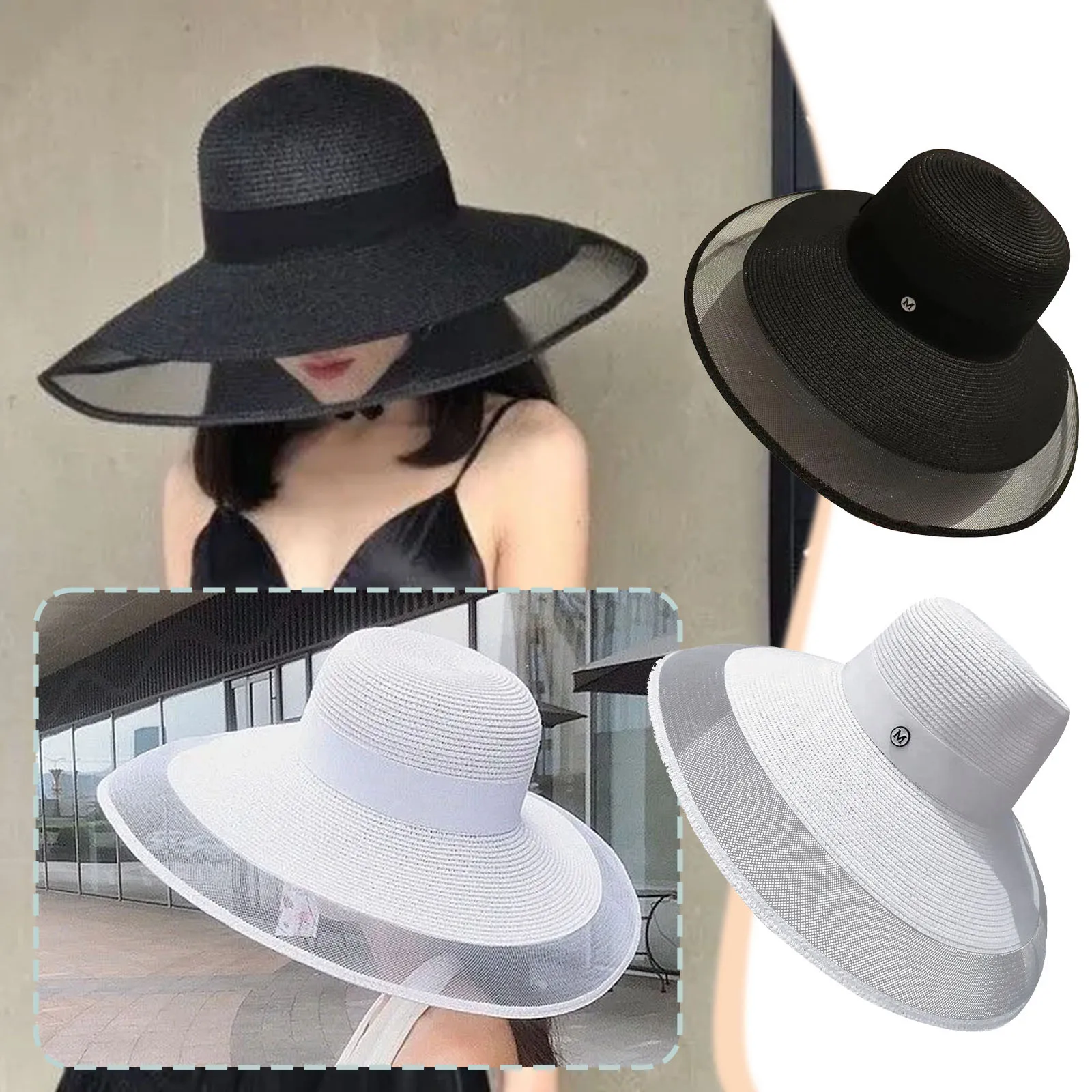 Лятна солнцезащитная шапка, голяма козирка и спортна шапка с крем, Модни плажна шапка в стил мозайка от окото, и слама за почивка
