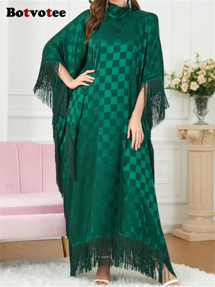Мюсюлманската рокля Botvotee с пискюли за жени 2023, Ново Модно Ежедневна рокля с ворсистым яка и дълъг ръкав, рокля в клетка с ръкав 
