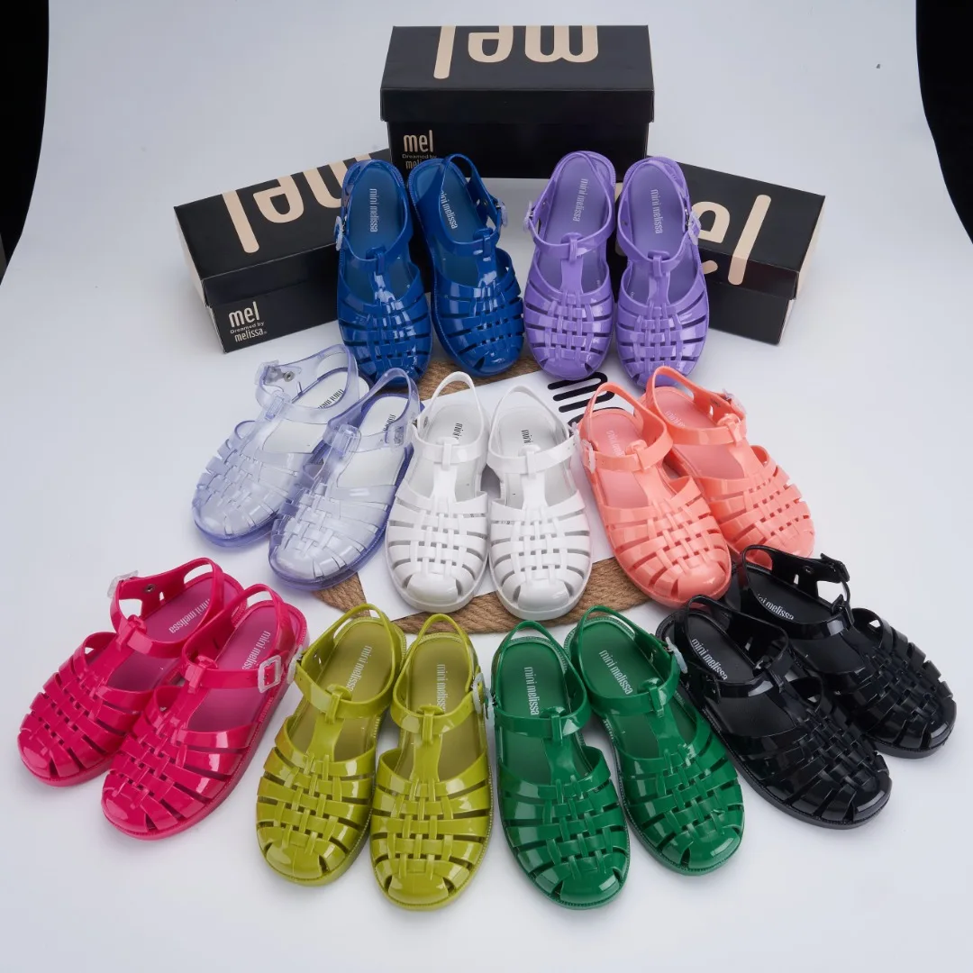 Висококачествени Римски сандали Мелиса Big Kid 1: 1, 18 цвята, детска тканая плажни обувки за момчета и момичета, лъскава нескользящая плажни обувки