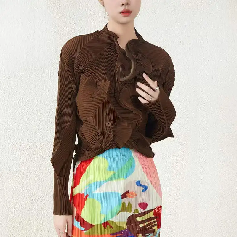 Пролет/Лято, нова дамски однотонная яке с дълъг ръкав, гънките на Анна, Мода за тежката индустрия, Дизайн пъпка на цвете, Елегантна жилетка