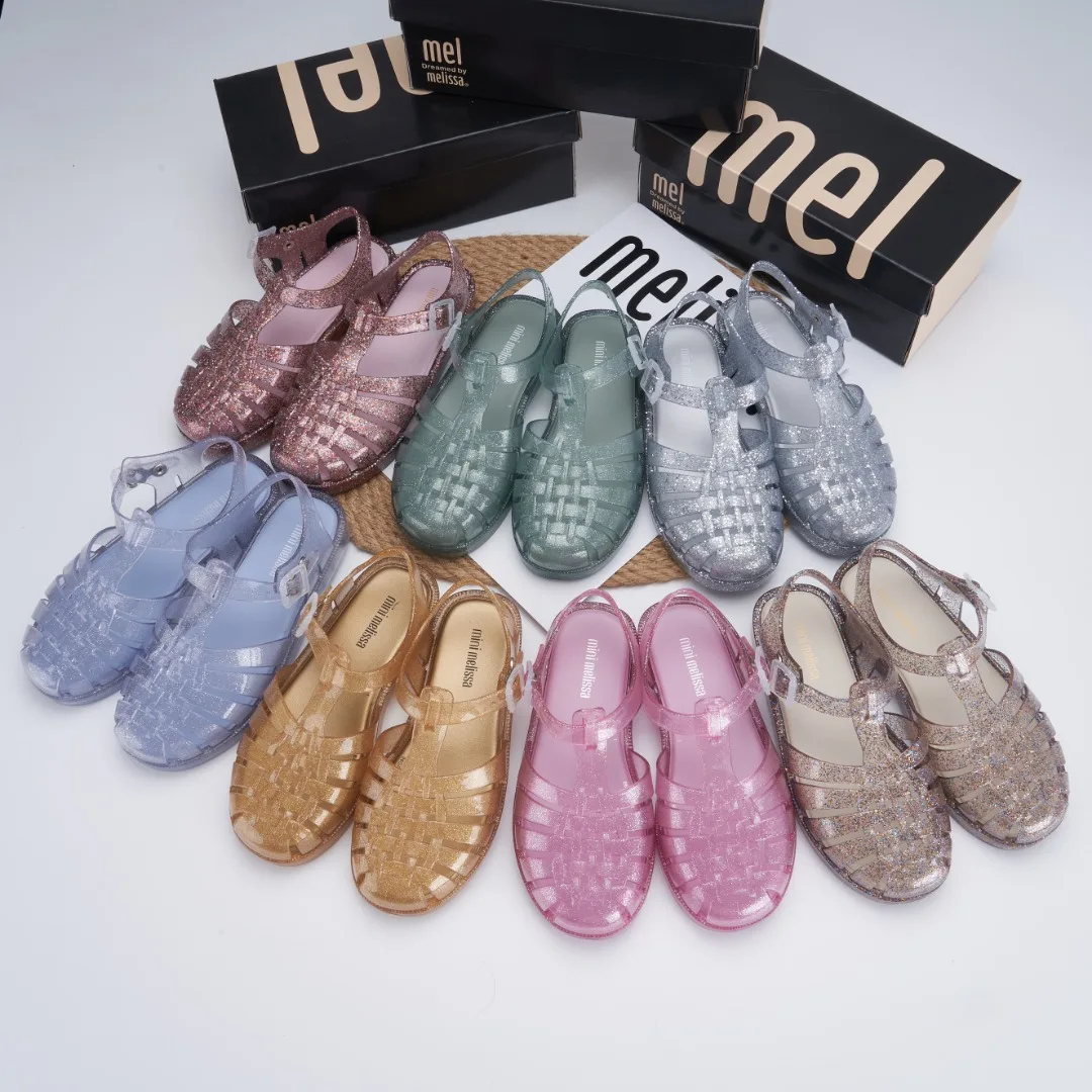 Висококачествени Римски сандали Мелиса Big Kid 1: 1, 18 цвята, детска тканая плажни обувки за момчета и момичета, лъскава нескользящая плажни обувки