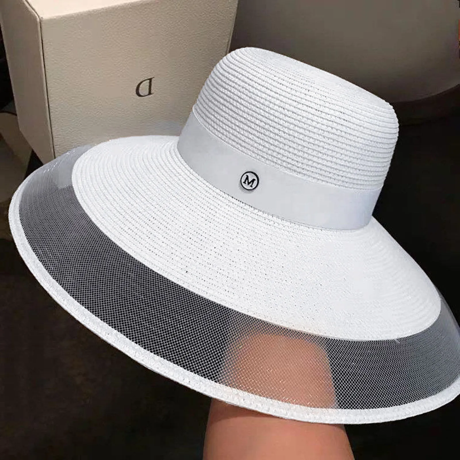 Лятна солнцезащитная шапка, голяма козирка и спортна шапка с крем, Модни плажна шапка в стил мозайка от окото, и слама за почивка