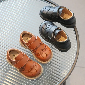 Zapatos Niña/ кожени обувки за момчета в британския стил, обувки за момичета подметка в ретро стил, класическа однотонная детски обувки за парти, сватба, ежедневни обувки за момчета на плоска подметка