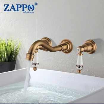 ZAPPO Стенен Смесител за мивка в банята С Двойни Дръжки, Широко разпространени Смесители с антични месинг покритие, Батерия за топла и студена вода, Смесител за вани