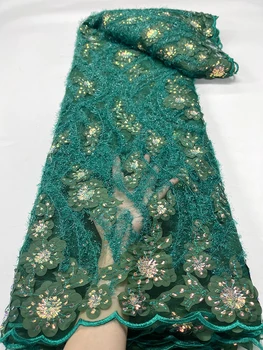 Африканска Лейси плат 3D Бродерия пайети Зелена Мрежа Мрежести тъкани, за жени Вечерни рокли 2023 Тюл Дизайн Ушиване на 5 Ярда от Плат