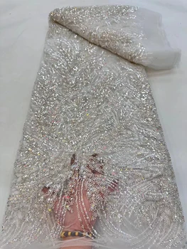 Африкански Луксозни дантелени платове с мъниста Високо качество За сватбени рокли, Нигерия, Тюл, Мрежест материал, Кристални мъниста ръчна изработка