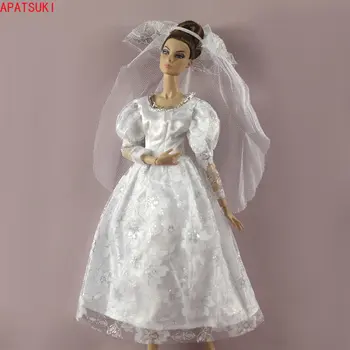 Бяло Елегантно Бельо Сватбена рокля с ръкав-фенерче за Кукли Барби, Висококачествено Вечерна Рокля за 1/6 Кукли BJD, Аксесоари