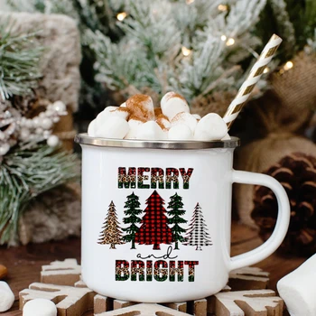 Весела Ярка Детска чаша със принтом елхи, Бяла Эмалированная чаша за вода, Эмалированная Кафеена чаша, Украсата на дома, коледа, Коледни подаръци за приятелите на семейството