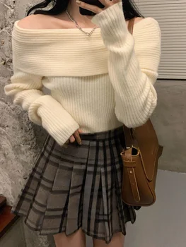 Вязаный пуловер на рамото на Жена с дълъг ръкав Елегантен матиран есента монофонични модерен секси топ Y2k Clothing Top Южна Корея