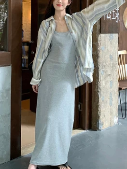 Годишният корейски модерен комплект от две части, една жена от елегантен дълъг костюм, женски шарени сладки блузи＋ежедневното тънката рокля, новост 2023