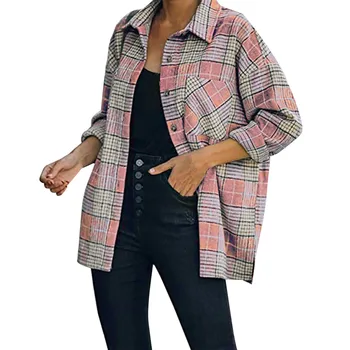 Дамски фланелен каре леки фини ризи-якета Raglan с дълъг ръкав и копчета на гърдите, плътно прилепнали ризи с копчета за жени