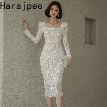 Дантелено рокля Harajpee, Есен 2023, Корейски стил, Темперамент Кралската сестри, Квадратен силует, Дълъг ръкав, Секси рокли с затянутой талия