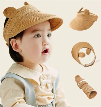 Детска лятна шапка със собствени заячьими уши, Сламена шапка с широка периферия, Корея, градинска детска шапка за момичета И момчета, Сгъва шапка С козирка