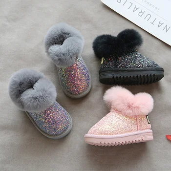 Детски зимни обувки от 0 до 10 години за малки розови момичета, детски зимни обувки, топли плюшени модни къси ботуши Platsform черен и сив цвят