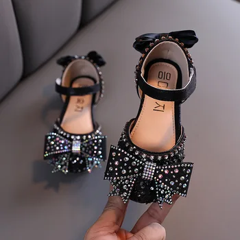 Детски обувки Принцеса с кристали; 2023 г.; Модни вечерни танци, обувки за момичета на нисък ток с бантиком-пеперуда; Сватба Кожена Детска мека обувки