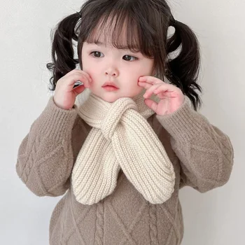 Детски шал, корейски вязаный шал ярки цветове за есенно-зимните момчета и момичета, топло монофонични нова вълна на шийката на носна кърпичка с перекрестием