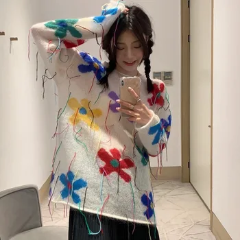 Жена пуловер с пискюли Цветен дизайн Пуловер свободно намаляване на 2023 Корейската мода