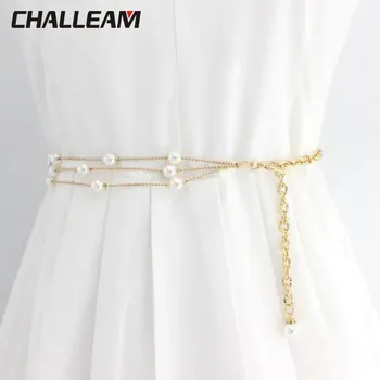 Зона панталони класическа поясная верига ретро женски колан колан в тон рокля универсална метална поясная верижка с имитация на перли 396