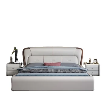 Качествена легло от естествена кожа, модерен рамка на легло queen-size с чекмеджета, легла с кобурами за спални