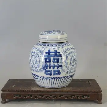 Китайската Династия Цин Син и Бял Порцелан, Ръчно Рисувани Банка Гърне 6,7 инча