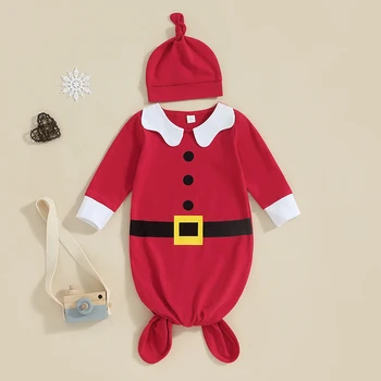 Коледен Спален чувал за бебета от 0 до 3 Месеца, Вязаное Рокля с Шапка, Комплект Мека Облекло на Дядо Коледа Комплект шапки за еднократна употреба за Момичета и момчета