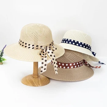 Летните Слънчеви шапки за момичета, Сламена шапка с широка периферия и лък, Градинска сламена шапка, Слънчеви дамски Шапки, цветни женски Панама