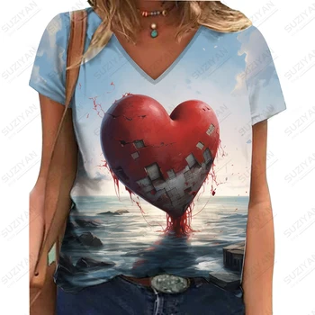 Лятна нова женска тениска с V-образно деколте Broken Love, 3D печат, тениски Ms. с V-образно деколте, ежедневни модна тениска Ms. с V-образно деколте