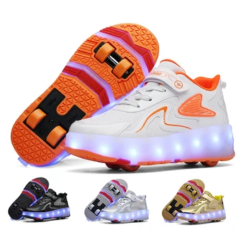 Маратонки за каране на кънки на лед, обувки с led подсветка за деца, момчета и момичета, Детски спортни обувки с осветление, Светещи на четирите колела, валяк, Нажежен, Зареждане чрез USB, мигаща