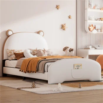 Меко легло на платформата С таблата и изножьем във форма на мечка, Бяло + кафяво, Лесна за сглобяване, здрава Мебели за спалня