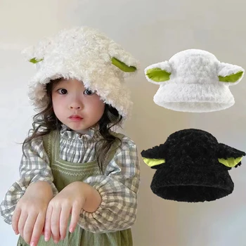 Мультяшная детски Плюшен шапка с уши, Топла Зимна шапка-бини от кожа агнешко, Сладка Однотонная детска шапка-агне, Пуловер за момчета и момичета, Чепчик
