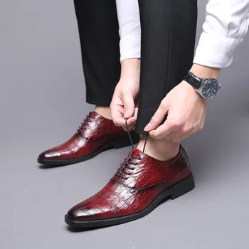Мъжки обувки от крокодилска кожа, Модельная Бизнес Офис обувки, обувки за Сватба-дербито За мъже на равна подметка с квадратни пръсти