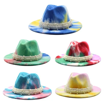 Нова фетровая шапка Fedora за жени, шапки-бои с принтом, Празнична шапка с широка периферия, Панама Унисекс, Цветна Вълна Перлена Джаз шапка с веригата, Декор