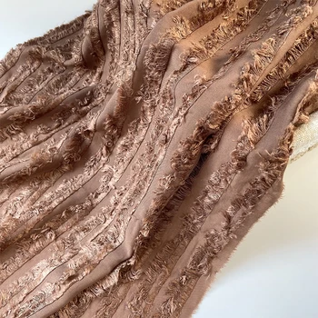 Памучен плат в кафява ивица с пискюли за шивашки сватбена рокля Ширина 145 см -Продава се на метър