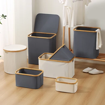 Сгъваема Кошница за дрехи Потребителска кошница за съхранение на Бамбукова кърпа и Чанта за мръсни дрехи с дръжки Кошница за съхранение за баня