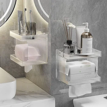 Срок за хартиени кърпи за ръце в банята, стенен Държач за тоалетна кутия без дупки, Прозрачна домакински акрилен рафт за съхранение Ins