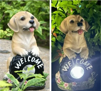 Статуята кученце в градината от смола и е знак за поздрав на гумите с led украса на слънчева батерия, Творческа художественото оформление на вътрешен двор