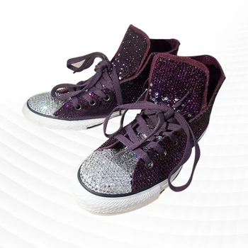 Тенденция бяла лилаво боядисана парусиновая обувки с пълна диамантен пръстен, популярна удобни ежедневни обувки
