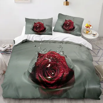 Чаршаф с рози, Комплект спално бельо 3D Fleurs Rouges за деца, момичета, Меко одеяло от микрофибър с цип